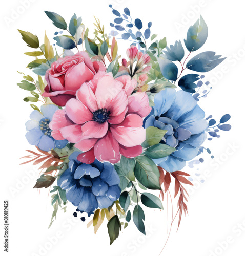 Bouquet of Blue and Pink Flowers on White Background