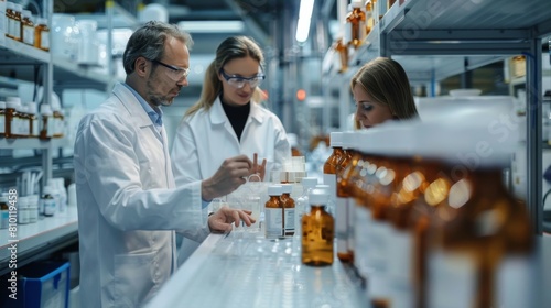 pharmaceutical team discussing quality control measures in a high-tech drug production area.