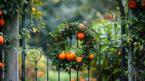 A charming garden gate its ironwork entwined with a lush wreath of greenery accented with bright orange pumpkins photo