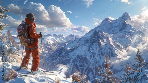 backcountry skier pausing to admire the mountain view, with a focus on the detailed textures of the ski equipment and natural surroundings.