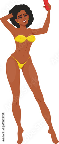 African-American girl in a swimsuit taking selfies