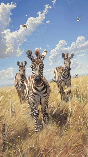 Cheerful baby zebras frolicking on the savannah, their stripes blending into the grass © Cloudyew