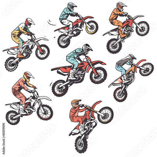 Nine motocross riders performing various stunts tricks dirt bikes, motocross rider wears full gear, including helmets captured different pose suggesting movement. Graphic style colorful vector