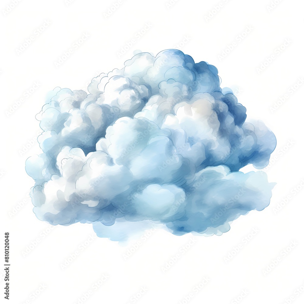 Fluffy cloud. Blue cloud. Cute cloudy sky clipart. Watercolor illustration. Generative AI. Detailed illustration.