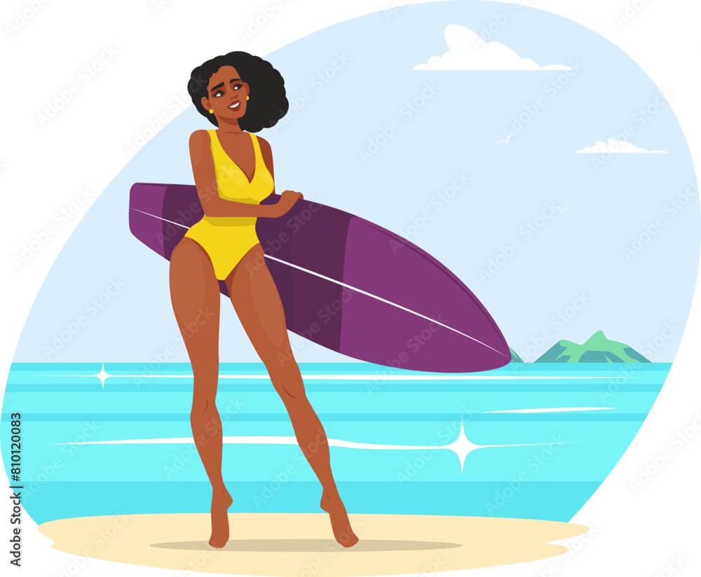 dark skinned surfer girl in bikini holding a surfboard