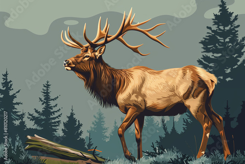 Vector Illustration: Full Body Elk with Antlers in a Snowy Forest