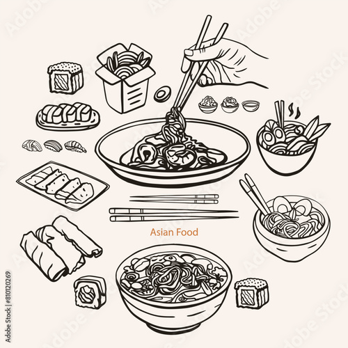 Thai and asian food hand drawn vector sketch illustration. Food menu design template. Chinese cuisine. Noodles, miso soup, sushi, ramen, bowl, tom yum, som tam, noodle soup, tom kha gai. Vintage.