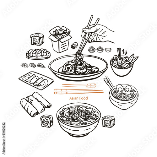 Thai and asian food hand drawn vector sketch illustration. Food menu design template. Chinese cuisine. Noodles, miso soup, sushi, ramen, bowl, tom yum, som tam, noodle soup, tom kha gai. Vintage.
