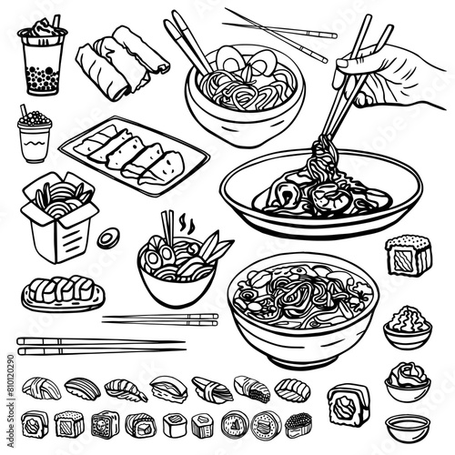 Thai and asian food hand drawn vector sketch illustration. Food menu design template. Chinese cuisine. Noodles, miso soup, sushi, ramen, bowl, tom yum, som tam, noodle soup, tom kha gai. Vintage.