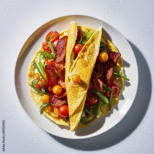 omelette stuffed with vegetables and bacon on white plate isolated on white background, top view