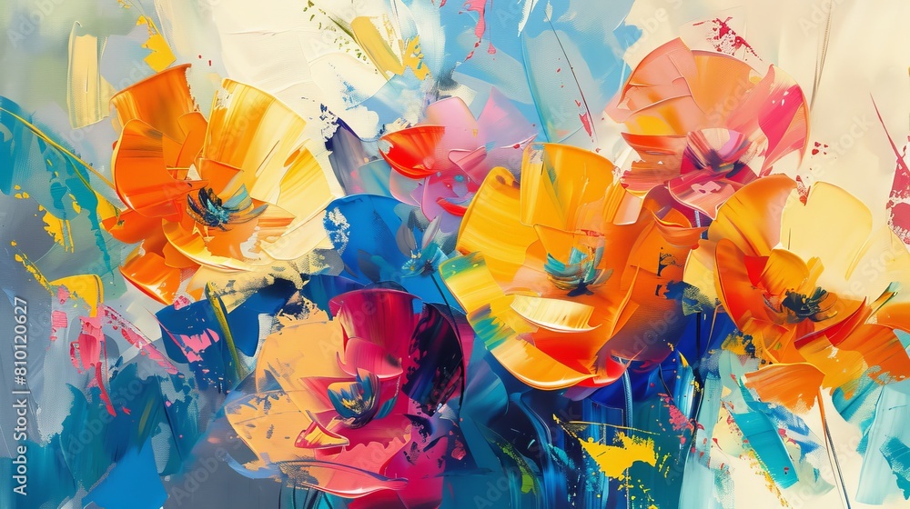 Abstract oil painting on canvas displaying semi-abstract flowers in ...