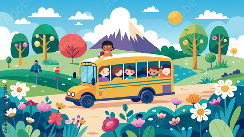 a-school-bus-driving-past-a-field-of-flowers--chil