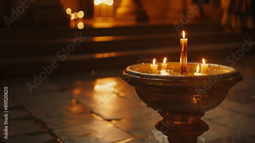 Clear space for message next to an image of a Christian baptismal font illuminated by the warm glow of candlelight photo