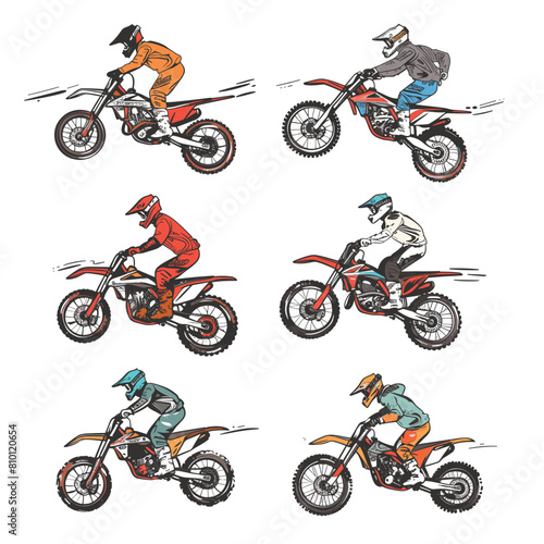 Motocross riders illustrated various dynamic poses riding dirt bikes, offroad motorcycle sport, rider wears protective gear, helmet, outfit motocross racing. Extreme sports action, motorcyclists