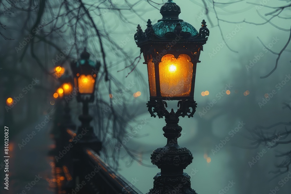 A single gas lamp illuminates a deserted bridge on a rainy night A single gas lamp illuminates a deserted bridge on a rainy night