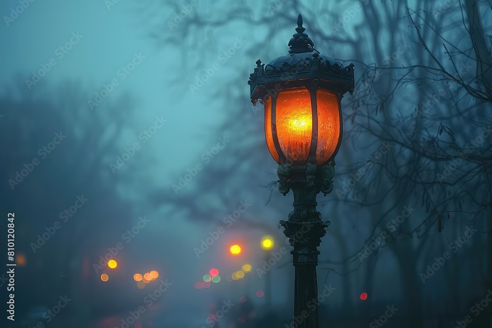 A dark and foggy path is lit by a single lamppost. The light casts an ...