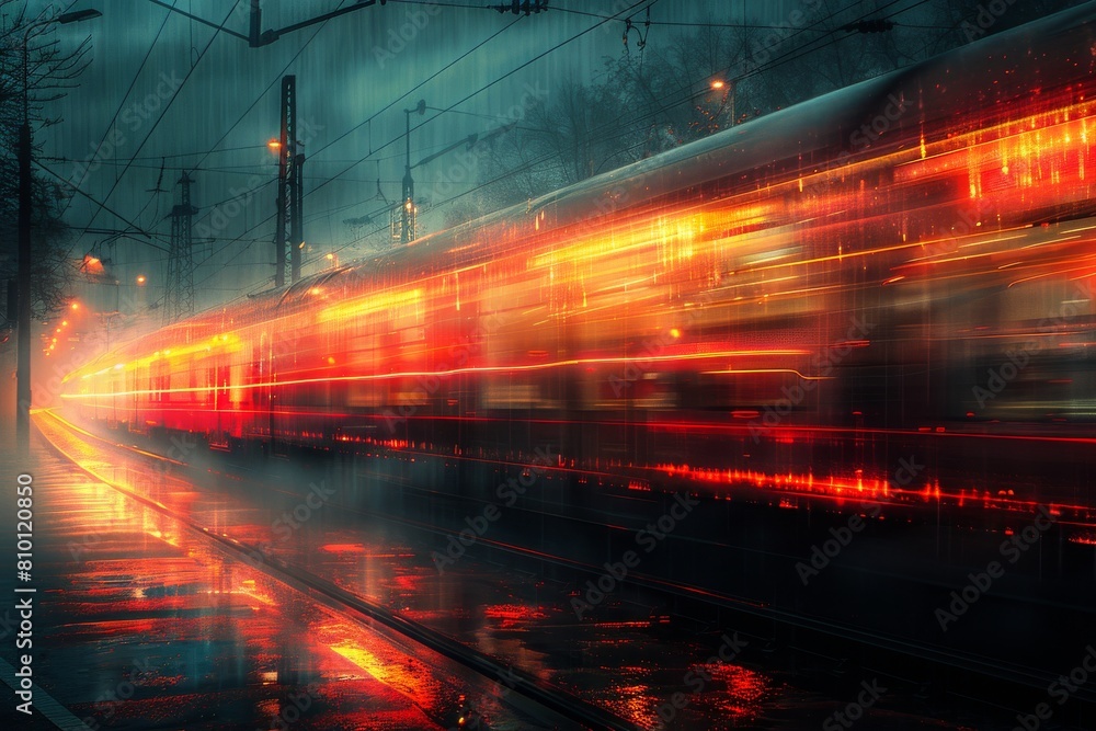 This image showcases a train station with a train in motion, its lights creating a high-speed red effect with long exposure This image showcases a train station with a train in motion, its lights creating a high-speed red effect with long exposure