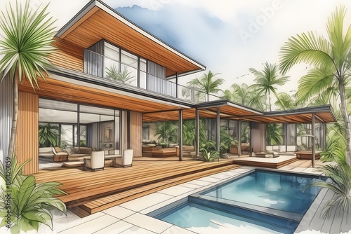 Modern  sleek home in Far North Queensland with lush tropical garden. Open spaces  clean lines  natural light  and sustainable design.