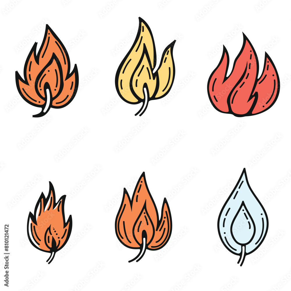 Six stylized flames various colors, cartoon fire collection set, flame has unique shapes designs, concept diversity fire illustration. One blue water droplet among flames, representing contrast Six stylized flames various colors, cartoon fire collection set, flame has unique shapes designs, concept diversity fire illustration. One blue water droplet among flames, representing contrast