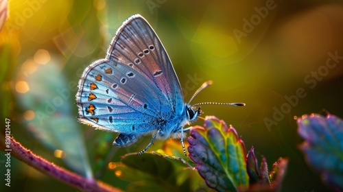 A close-up view of a Butterfly Bluet's iridescent wings glistening in the soft sunlight. photo