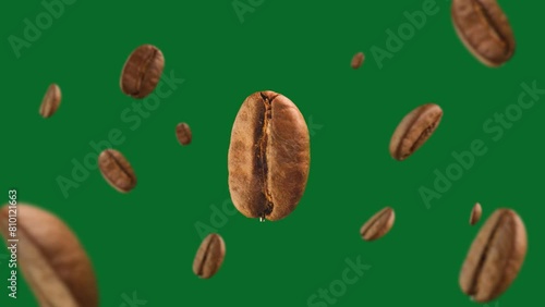 coffee beans explosion slow motion cycle in chromakey greenscreen 360 degrees, 3d