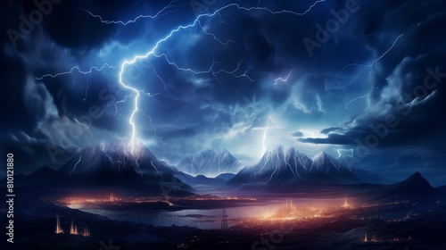 Spectacular Lightning Storm Over a Mountainous Landscape at Night with City Illumination