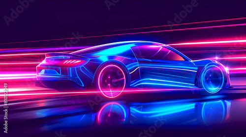 Futuristic Neon Glowing Car in Motion on a Speed Track. Vibrant Neon Lines Illuminate the Design. Ideal for Modern Ads. AI