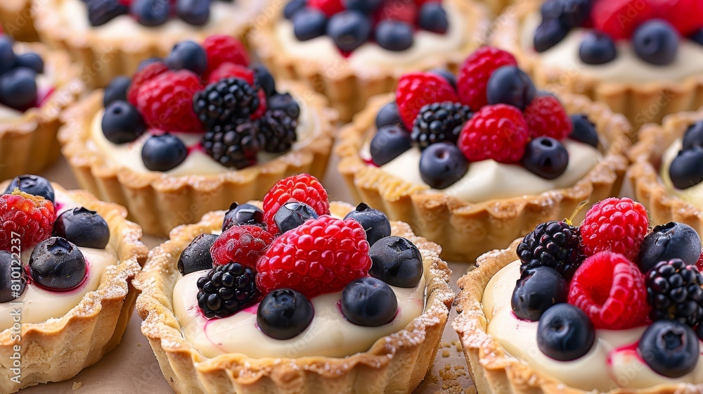 Tartlets topped with fresh berries, ideal for dessert menus and culinary publications. Tartlets topped with fresh berries, ideal for dessert menus and culinary publications.