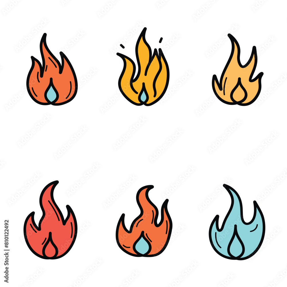 Collection six flame icons representing fire various colors shapes. Simplified stylized fire illustrations suitable safety signs mobile apps. Cartoonish symbols rendered isolated white background Collection six flame icons representing fire various colors shapes. Simplified stylized fire illustrations suitable safety signs mobile apps. Cartoonish symbols rendered isolated white background