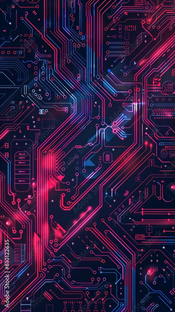 Detailed image of neon lights mimicking the pathways and connections on a circuit board