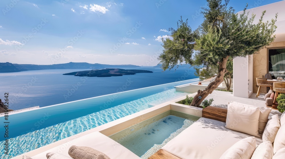 Fototapeta premium Panoramic ocean view from an infinity pool, suitable for promotions in luxury travel and lifestyle sectors.