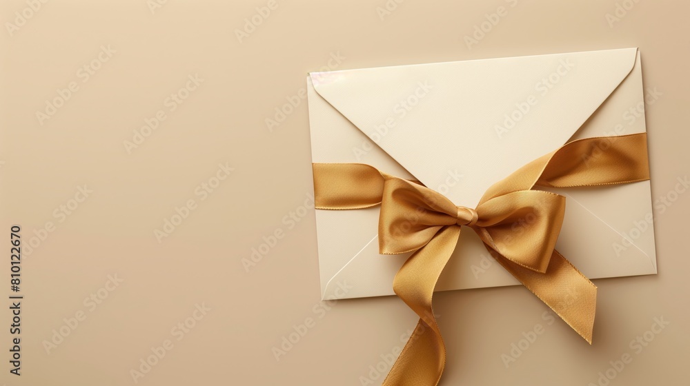 A mockup of an envelope with a gold ribbon on a neutral beige background. A mockup of an envelope with a gold ribbon on a neutral beige background.