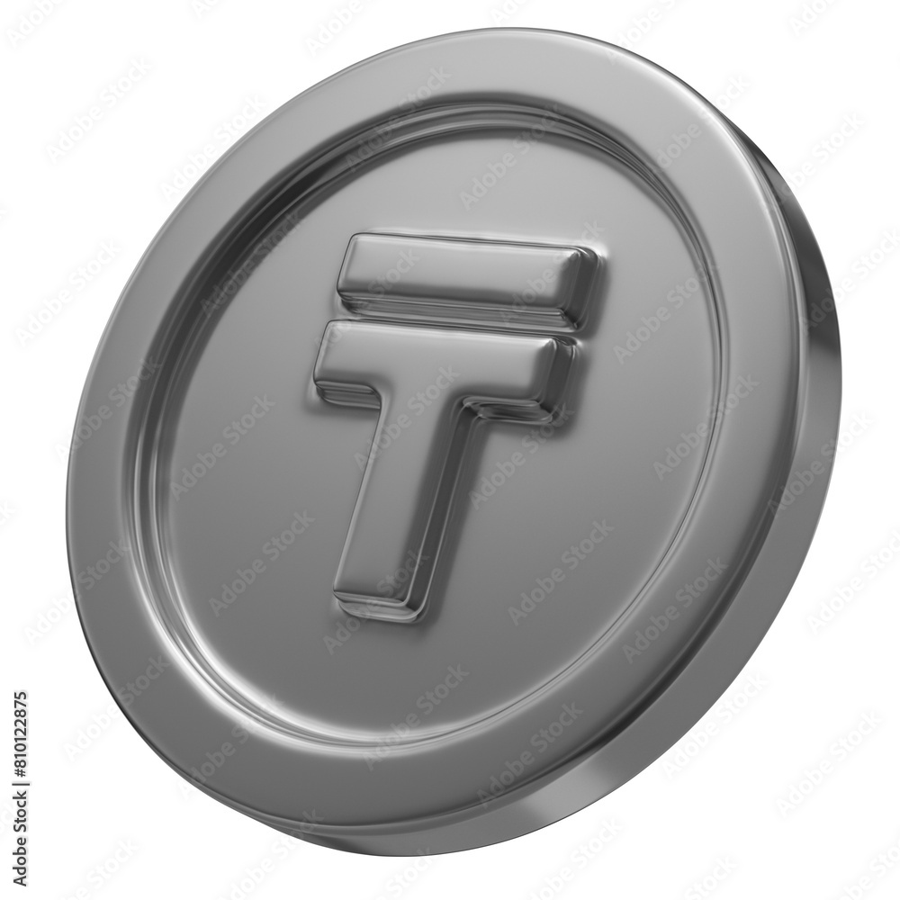 KZT. Kazakhstani tenge sign on silver coin isolated on a transparent background. 3d render. Silver tenge icon. KZT. Kazakhstani tenge sign on silver coin isolated on a transparent background. 3d render. Silver tenge icon.