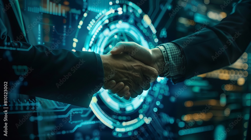 Businessperson engaging in a handshake with a digital partner against a futuristic background, symbolizing the integration of artificial intelligence and machine learning in industrial processes. Businessperson engaging in a handshake with a digital partner against a futuristic background, symbolizing the integration of artificial intelligence and machine learning in industrial processes.