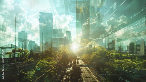 Double exposure image depicting the synergy between urban infrastructure and nature