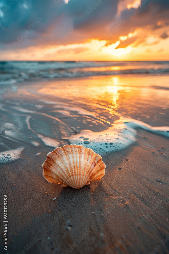 Scallop shell on the sand beach at sunset Scallop shell on the sand beach at sunset