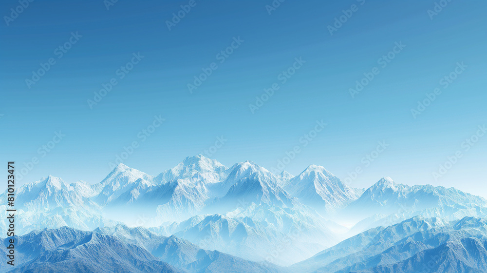 Snow-covered mountain range under a clear blue sky, serene winter landscape