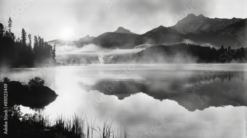A black and white photo of a lake with mountains in the background