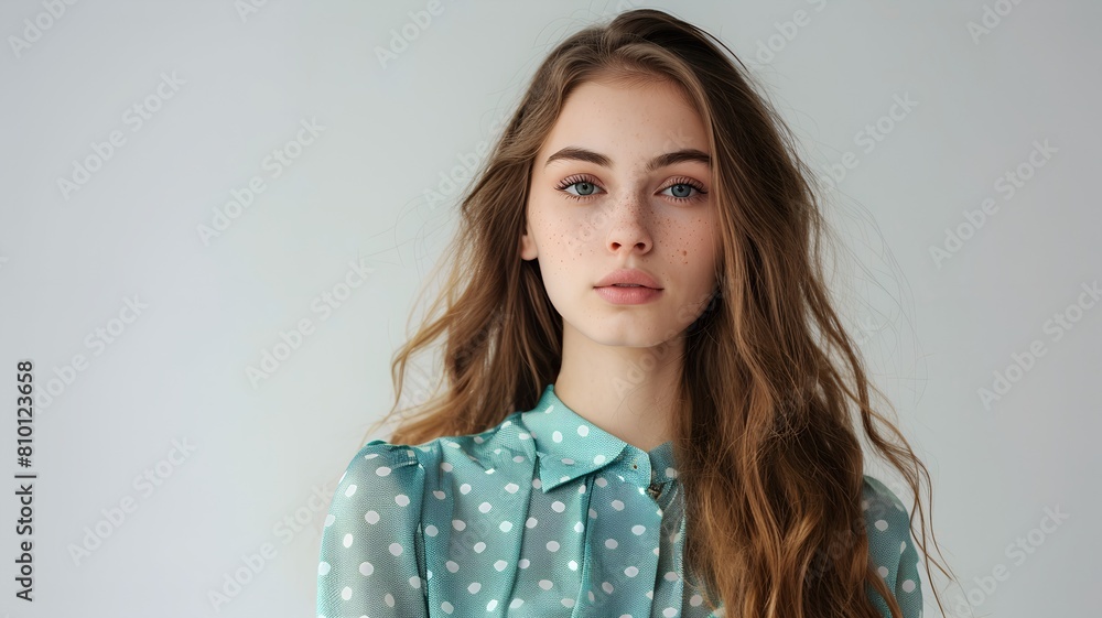 Studio photo of a young girl with long wavy hair, minimalistic background Studio photo of a young girl with long wavy hair, minimalistic background