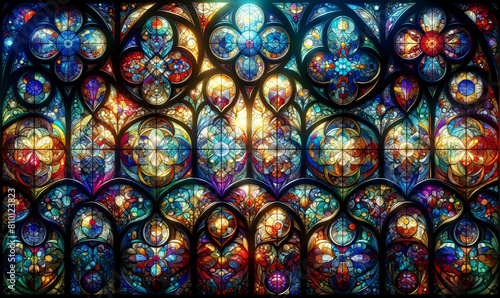An intricate display of a stained glass window that fills the entire background of the image