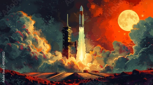 Cosmic journey  rocket launch at sunset