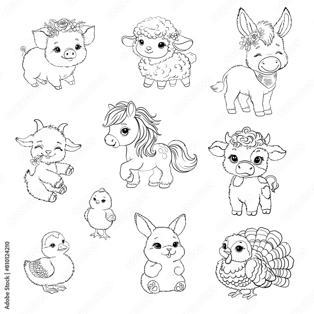 Obraz premium Cartoon farm animals, coloring book for children, cute characters pets, vector graphics