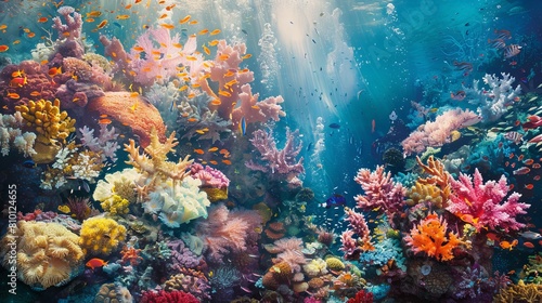 Vibrant coral forms a stunning underwater tapestry, creating a colorful and intricate reef scene.