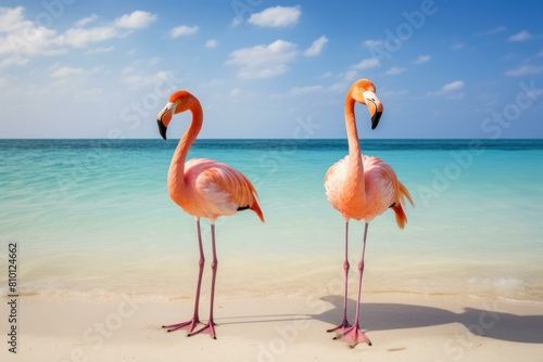 Tropical Flamingo beach sunset. Color pink migration. Generate Ai