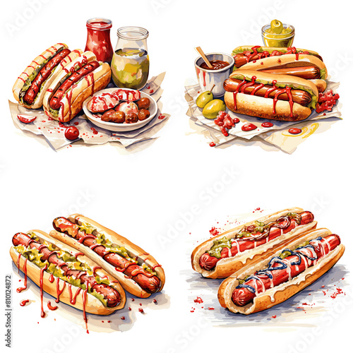 Watercolor illustration of gourmet hot dogs with toppings like mustard, ketchup, relish, and pickles. A perfect design for food art, fast food, BBQ, restaurant menus, and street food projects.