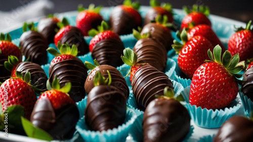 Chocolate Covered Strawberries in Rows. Many hand dipped chocolate covered strawberries in a row with shallow depth of field