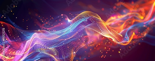 Colorful abstract background featuring flowing digital waves with vibrant sparks