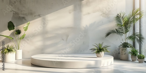 Minimalist scene with white podium and plants. mock up