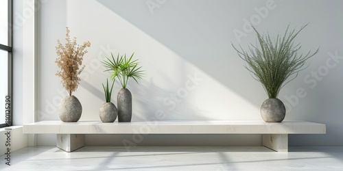 modern living room with a white wall and plants in vases mock up