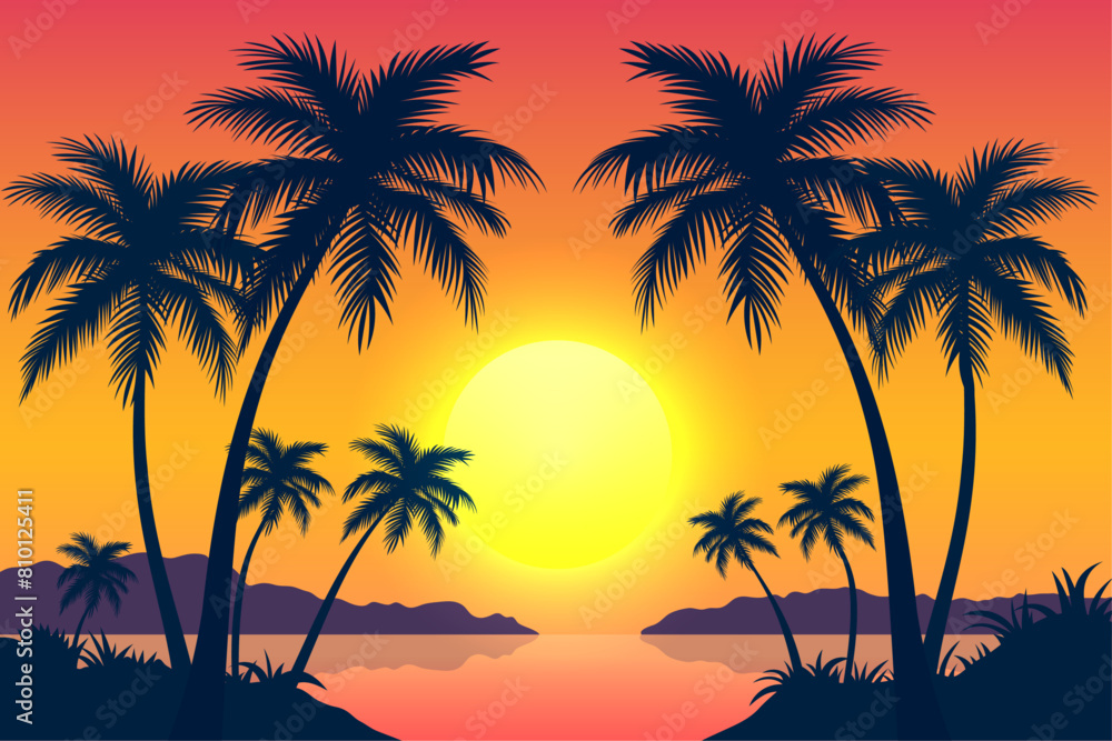 Evening sunset on a paradise beach. Beautiful beach with silhouettes of palm trees. A stunning picture for relaxation. Vector illustration of a palm tree against a colorful sunset background. 